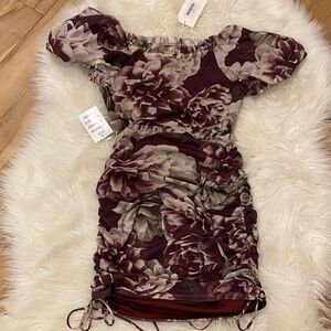 Burgundy Floral Ruched Mini Dress